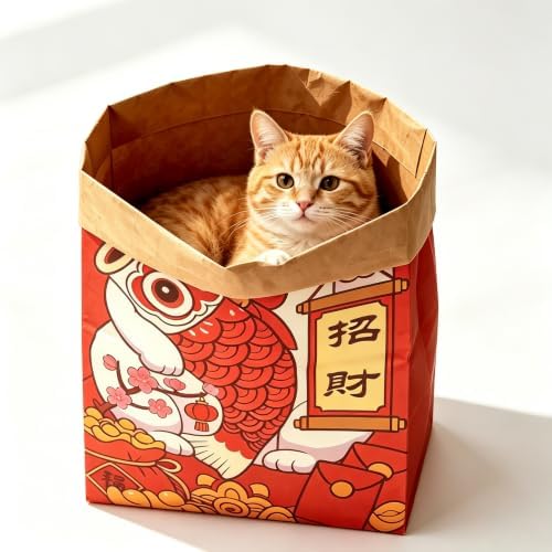 Crinkle Cat Sack, 25.6 x 19.7 Inch Large Cat Play Bag, Interactive Kraft Paper Cat Hideaway & Tunnel Toy, Foldable Cat House, Cute Room Decor (Maneki-Neko)