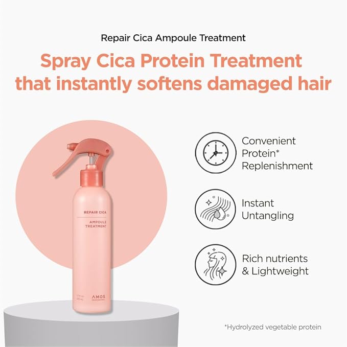 AMOS PROFESSIONAL Repair Cica Ampoule Treatment l Leave-In Conditioner Spray & Detangler, Anti-Frizz Deep Conditioner for Split Ends & Breakage, 7.7 fl. oz.