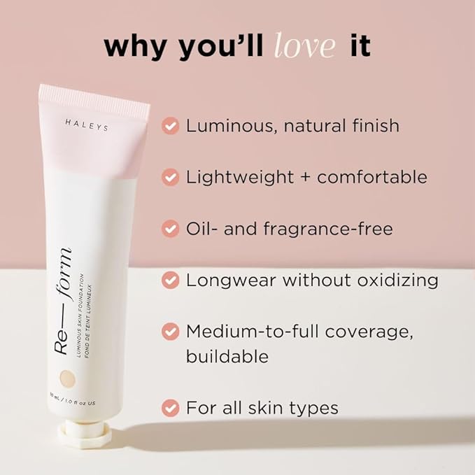 HALEYS Luminous Skin Foundation - VEGAN + CRUELTY-FREE - Lightweight Foundation with Medium-to-Full Coverage for Natural Glow - Oil-Free Beauty, Sensitive & Acne-Prone Skin - Fragrance-Free (7.25)