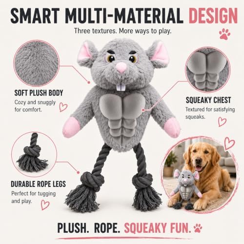 Funny Muscle Mouse Dog Toy with Squeaky Rubber Chest & Rope Legs, Interactive Plush Toy for Medium to Large Dogs, Multi-Texture Toy for Tug, Toss & Supervised Play