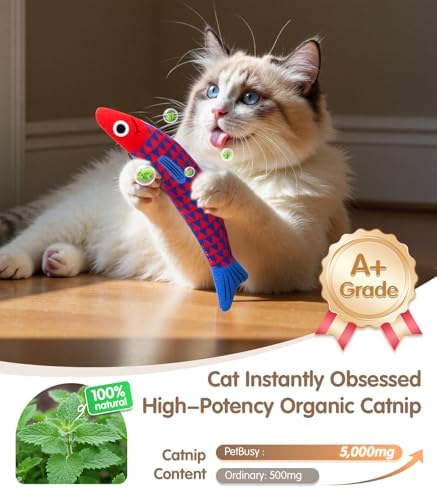 PetBusy Cat Toys with[5000mg A+Natural Catnip &Silvervine] [Baby Grade] Interactive Soft Chew Kicker Cat Toys for Indoor Cats & Kittens, [Crinkle &Bell] Fish Sound Toy, Drives Bored Cat Crazy with Fun