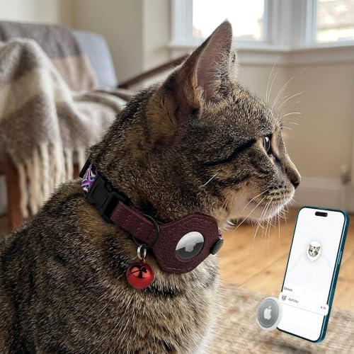 Breakaway Cat Collar with Leather AirTag Holder & Bell - Apple Air Tag Cat Collars for Girls & Boys, Lightweight Anti-Lost GPS Tracker Design, Printed Pattern - Safety and Adjustable (Aztec)