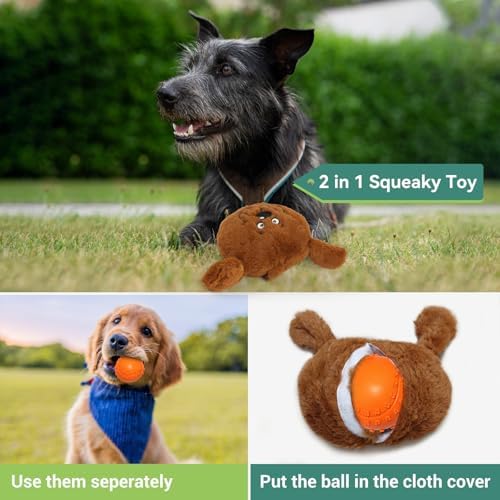 Enjoying Dog Interactive Toys 2-in-1 Dog Plush Squeaky Small Balls Pet Toys Halloween Xmas for Small Medium Large Dogs, Brown Monster
