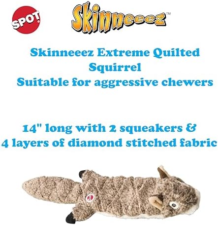 SPOT Skinneeez Extreme Quilted Squirrel- Durable, Stuffing Free Dog Toy with 4 Layers of Diamond Stitched Fabric & 2 Squeakers- Ideal For Small & Medium Aggressive Puppies and Dogs- 14in