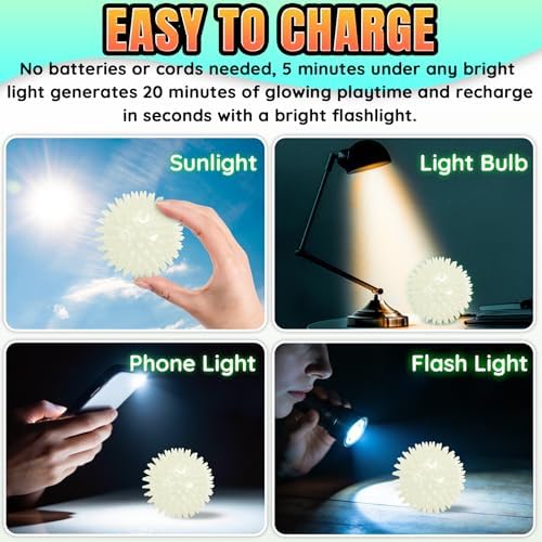 LECHONG 6-Pack Glow in The Dark Squeaky Dog Balls, 3.5” Spiky Dog Toy Balls, Durable Glowing Rubber Fetching Ball for Medium & Large Dogs Nighttime Playing Indoors & Outdoors