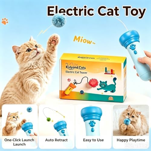 Hands-Free Electric Cat Toy Interactive Teaser Entertainment Toy for Kitten, One-Click Pop Out & Auto Retractable Cat Wand Toy with Soft Balls, Kitten Teaser Toys for Indoor Cats (Sky)