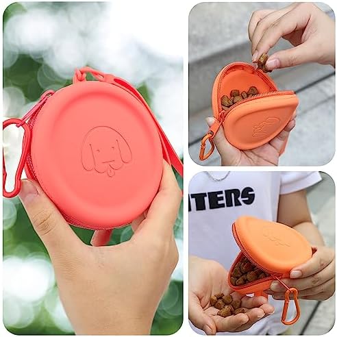 WALLFID Silicone Dog Treat Pouch Small Bag,2PCS Pet Walking Bag for Dog and Cat,Pocket Size,Easy to Clean,Odorless,Zipper Design,Moisture-Proof,Travel Walking Bag,Portable Training Bag. (Orange&Red)