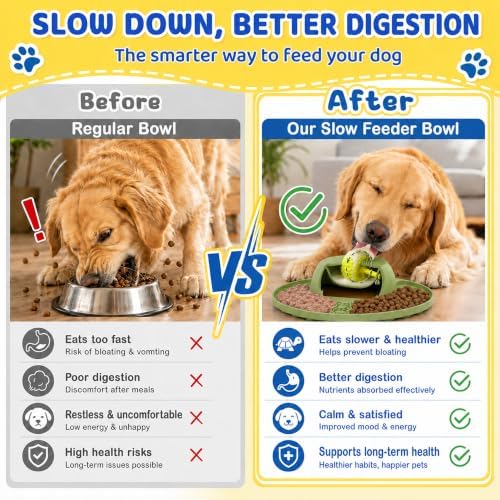 Slow Feeder Dog Bowls, Lick Mat & Interactive Rolling Ball, Dishwasher Safe
