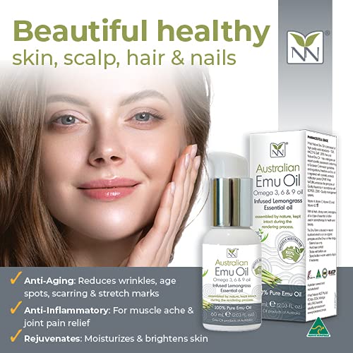 Y Not Natural Pure Emu Oil - Organic Moisture for Face, Body, Hair, Scalp & Nails - Rich in Omega 3-6-9, Vitamins & Essential Minerals - Australian Emu Oil (60ml) 2.03 fl oz - Lemongrass