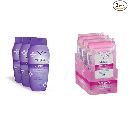 Vagisil Feminine Wash for Intimate Area Hygiene, pH Balance, Gynecologist Tested & Odor Block Daily Freshening Wipes for Feminine Hygiene in Resealable Pouch