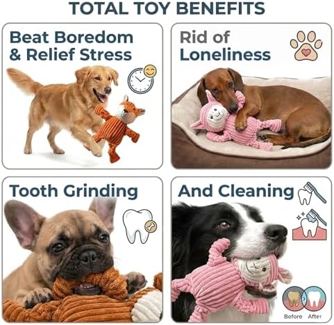 PetLike 2PK Squeaky Plush Dog Toys, Durable Chew Toys with Five BB Squeaker, Composite Stuffed Teething Toys for Aggressive Chewers, Interactive Fetch & Tug of War Toys for Small & Medium Dogs
