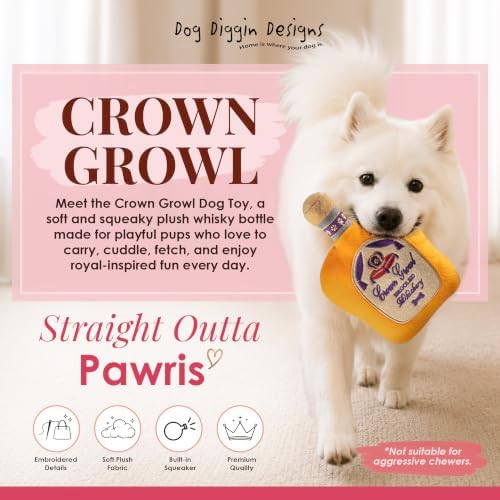Dog Diggin Designs Crown Growl Plush Dog Toy Whisky Bottle | Luxury-Inspired Parody Whisky Bottle Dog Toy with Squeaker, Soft Plush Novelty Dog Toy – Shaken, Not Stirred!