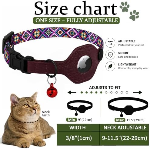 Breakaway Cat Collar with Leather AirTag Holder & Bell - Apple Air Tag Cat Collars for Girls & Boys, Lightweight Anti-Lost GPS Tracker Design, Printed Pattern - Safety and Adjustable (Aztec)