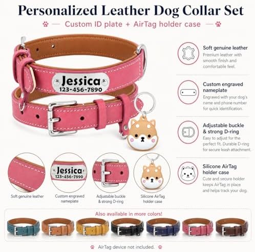 Personalized Leather Dog Collar with AirTag Holder Case, Custom Engraved Nameplate Dog Collar, Adjustable Genuine Leather Soft Padded Dog ID Collar for X-Small Small Medium Large X-Large Dogs-Pink-XS