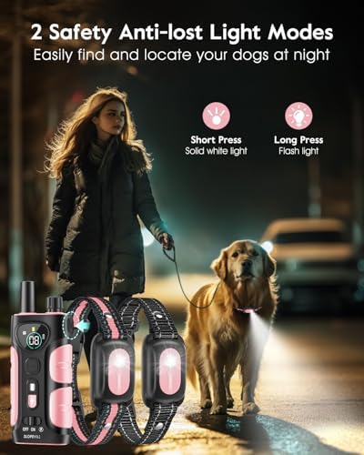 SLOPEHILL Dog Shock Collar 2 Dogs (8-140Lbs),4200FT Dog Training Collar | IP68 Waterproof e Collar with Beep,Vibration,Safe Shock,Flash Light,No Shock Model,Shock Collar for Dogs with Remote,Pink