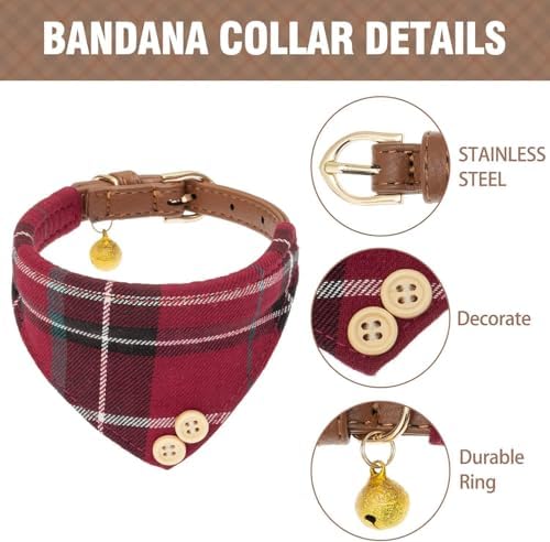 KOOLTAIL Small Dog Collar and Leash Set with Bowtie and Bells - Cute Puppy Bandana Collar and Leash for Female with Classic Plaid Pattern,Soft Leather Tangle Free Leashes for Small Dogs Boys Girls,Red