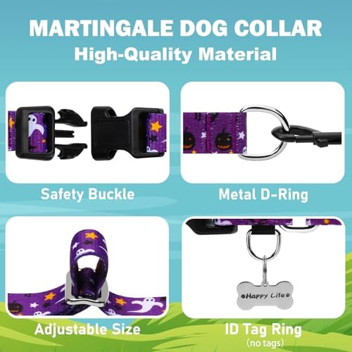 Halloween Martingale Collar for Dogs with Buckle Adjustable Holiday Dog Collars (Purple Ghost, Large)