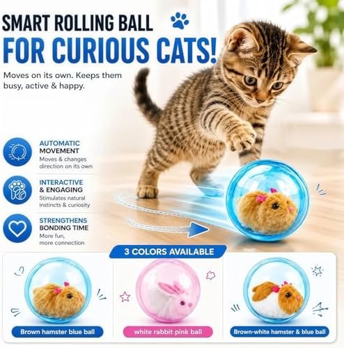 Self-Rolling Interactive Cat Ball Automatic Interactive Cat Toys for Indoor Cats 360° Rolling Smart Cat Chase Balls Toy Motion Activated Cat Enrichment Toys to Keep Them Busy (Blue Ball+White Rabbit)