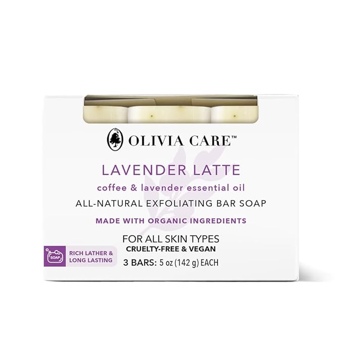 Olivia Care Exfoliating Bar Soap Lavender Latte 3 Pack Natural, Organic. Infused with Coffee Bean & Lavender Essential Oil - 3 X 5 OZ