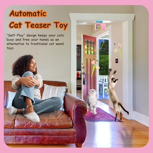 Automatic Interactive Hanging Rope Cat Toy,3 Feather Refills,Pink