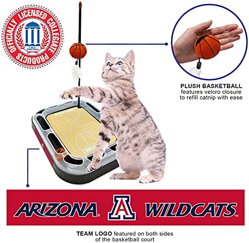 Cat Scratch Toy NCAA ARIZONA Wildcats REVERSIBLE Basketball Court Felt/Cardboard Cat Scratcher. Interactive Cat Ball Bell in Tracks. 6-in-1 CAT TOY: Cat Wand Poll with CATNIP-FILLED Plush Basketball