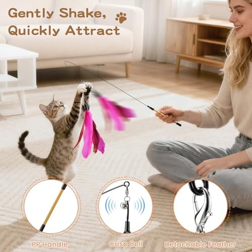 Pawaboo Cat Feather Wand Interactive Toy, 6 Feathers + 1 Wand with Bell