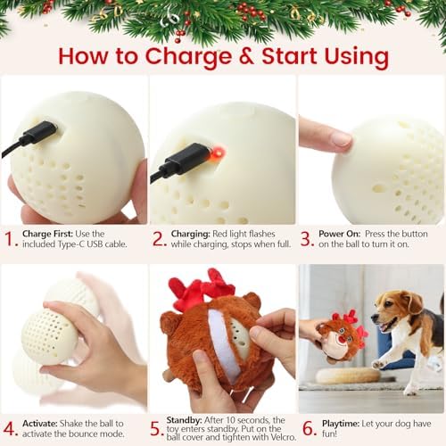 Senneny Christmas Dog Toys, Interactive Dog Toys Reindeer, Random Path Electric Automatic Moving and Rolling Dogs Toy, Motion-Activated Dog Ball with Plush Cover USB Rechargeable
