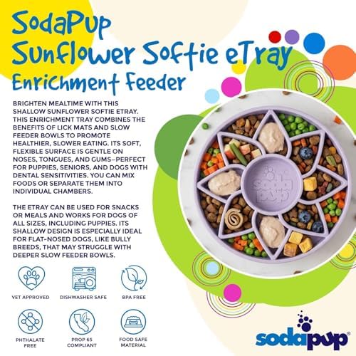SodaPup Sunflower Softie eTray – Durable Enrichment Feeder Made in USA from Non-Toxic, Pet-Safe, Food Safe Material for Mental Stimulation, Calming, Slowing Down Eating, Healthy Digestion, & More