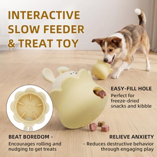 Interactive Dog Puzzle Toy for Freezable Licking&Treat Dispensing | Interactive Slow Feeder,Fill with kibble, or create freezable treats,Suitable for outdoor use, For All Dogs (Beige, Rabbit)