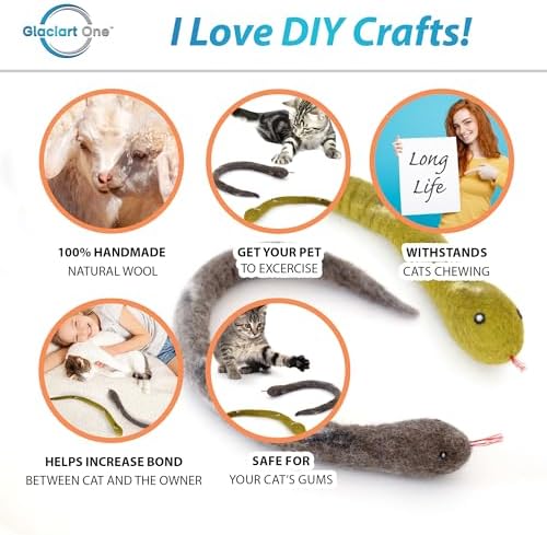 Glaciart One Felt Cat Snake Toy – Soft Fuzzy Enrichment 100% Natural Wool - Interactive Catnip Play Cat Toy Set - Safe for Pets, Non-AZO Colored Dyes - 18” Long