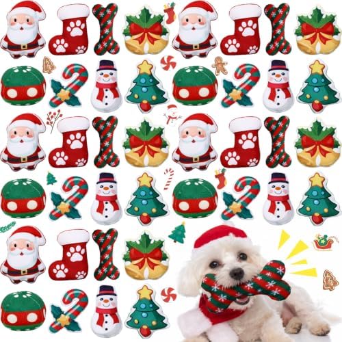Soulchen 40 Pcs Christmas Dog Toys Set Puppy Squeaky Toys Bulk Cute Stuffed Plush Dogs Chew for Small Medium Pet with Squeakers for Fun & Teething