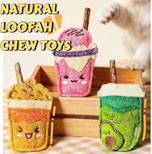 Natural Loofah Chew Cat Toys Janpanese Style, Dental Care Silvervine Sticks for Indoor Cats and Kittens, Milk Tea Cup-Shaped Catnip Treat Toys (Green)