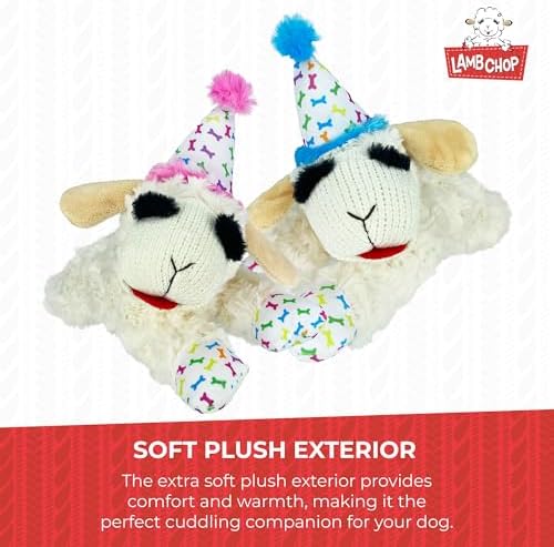 Multipet Lamb Chop Dog Plush Toy w/Birthday Hat - Squeaky Toy for All Dogs - Soft Plush - Stuffed Animal Dog Toys for Playing - Cute Birthday Toy (10.5”, Pink Hat, 5 Squeakers)