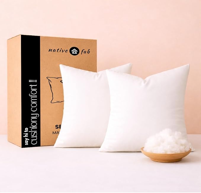 Native Fab Square Pillow Inserts, Pack of 2, 16x16 Inches, White Polyester, Soft Fluffy Cushion Fillers for Sofa, Bedroom, Lounge, Chair, Decorative Throw Pillows, Home Décor & Back Comfort
