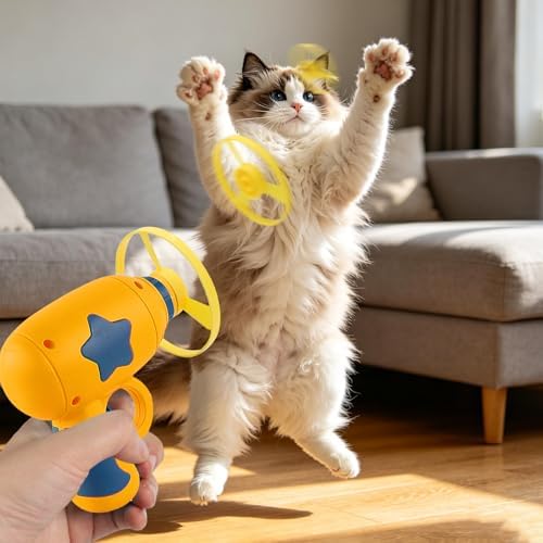 Andiker Cat Fetch Toy, Interactive Kitten Flying Disc Launcher Toy with 5 Colorful Flying Propellers for Cat Enrichment, Flying Saucer Toy for Cats for Training and Chasing (Yellow+Navy Blue(10pcs))