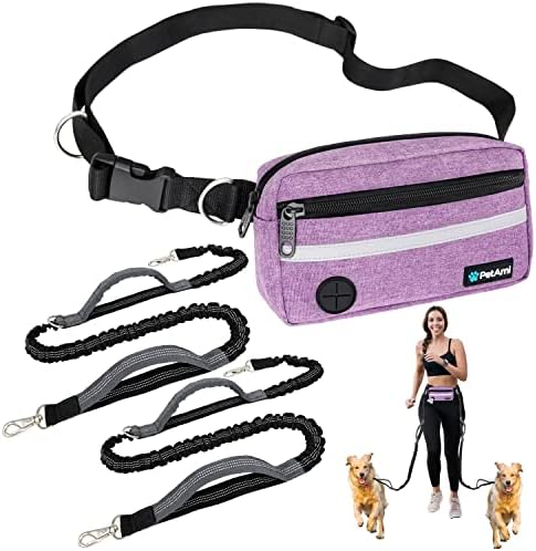 PetAmi Hands Free Dog Leash Waist Belt Bag Fanny Pack, Double, Purple