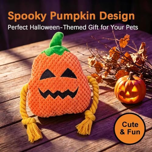Orange Pumpkin Squeaky Plush Dog Chew Toy, 10.6 in Rope Crinkle Toy
