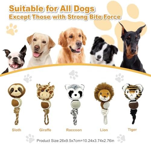 10.24 Inch Sloth Squeaky Dog Toy with Tennis Ball & Rope, Plush Chew Toy for Puppy Teething, Interactive Tug of War Toy for Small Medium Large Dogs