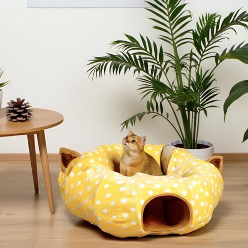 AUOON Cat Donut Tunnel with Bed for Kitten Puppy Rabbit Ferret, Yellow