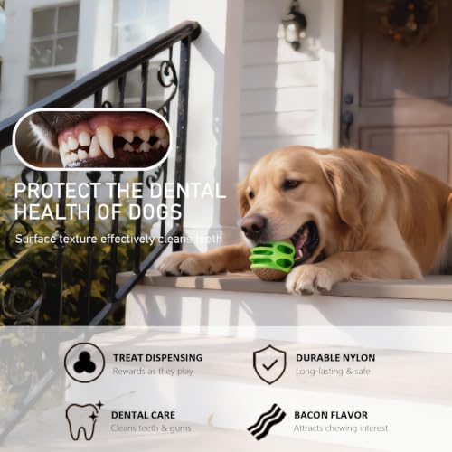 MECOOL 2PCS Durable Dog Chew Toys, Squeaky Chew Ball & Treat Dispensing Toy, Tough Nylon Ends & Natural Rubber for Aggressive Chewers, Interactive Puzzle Toys for All Breed Dogs,Bacon Flavored,Green