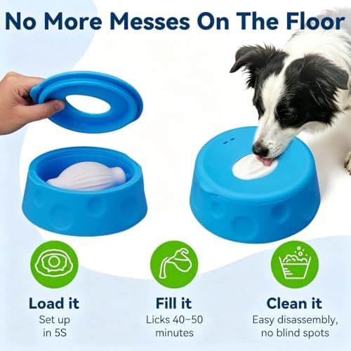 Dog Lick Bowl Ball Slow Feeder, Licking Bowl for Liquid Treat with Rolling Spin Sphere Roller Licker, Licky Feed Calming Anxiety Relief Enrichment Yogurt (Blue)
