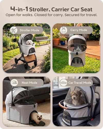 Pet Stroller with Detachable Carrier for Small & Medium Dogs & Cats, Smooth Comfort Ride with Shock-Absorbing Suspension, Foldable Dog Stroller, Compact Storage (Cloud Gray)