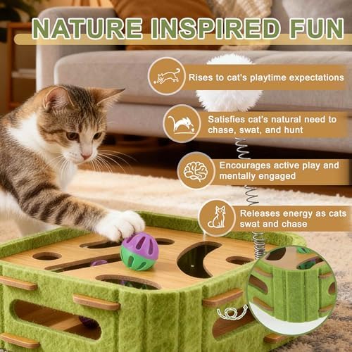 Interactive Cat Toy Puzzle Toys for Indoor, Felt Maze Box, Cat Toys, Mental Stimulation and Entertainment, Square, Green, 1 Set