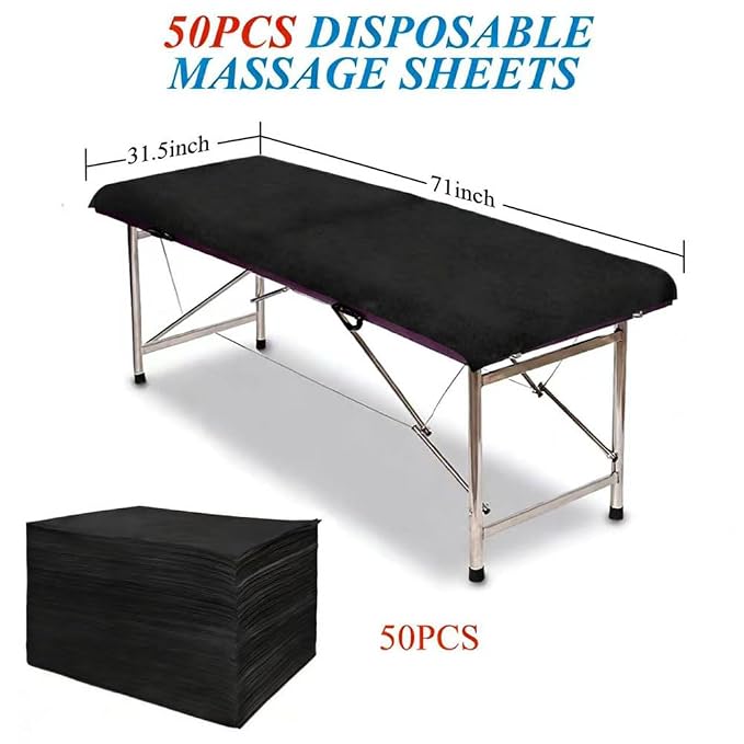 50Pcs Disposable Bed Sheets 31.5"x71" Coated Non-Woven Massage Table Sheets, Waterproof & Oil-Proof, Hygienic & Comfortable for Massage, Tattoo, Beauty, Spa, Breathable & Durable (Black)