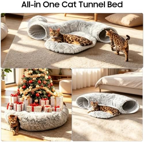 Cat Tunnel Bed for Indoor Cats, Peekaboo Cat Cave Donut Bed & Play Tunnel