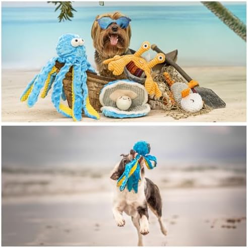 Nocciola Crinkle Squeaky Blue Octopus Dog Toy - Ocean Theme Stuffed Interactive Rope Toys for Small, Medium & Large Dogs - Durable for Aggressive Chewers (Shell)