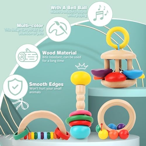 PINVNBY 4 PCS Wooden Bunny Toys Interactive Rabbit Toys Multi-Colored Guinea Pig Teeth Grinding Toy for Chinchillas Hamsters Rats and Small Animals Indoor Outdoor Playing