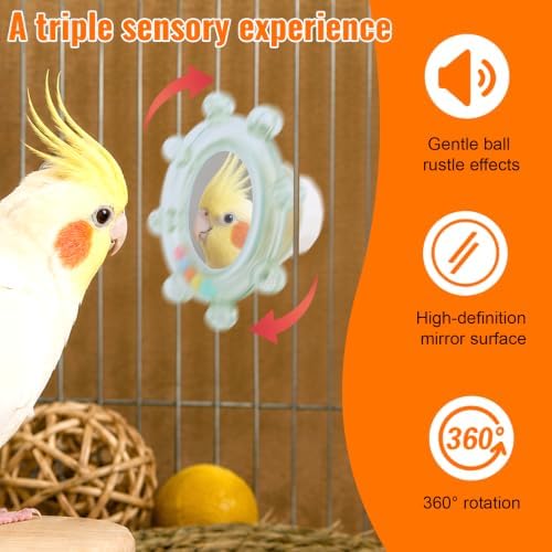 2pcs Bird Mirror Toy with Rustle Balls for Cage (Blue, Green)