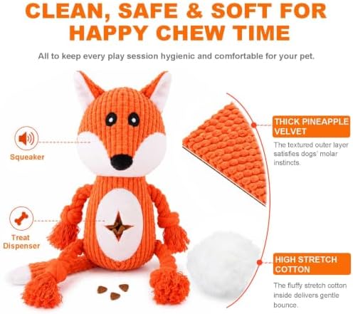Dog Squeaky Chew Toy, Plush Crinkle Rope Dog Toy - Orange Fox