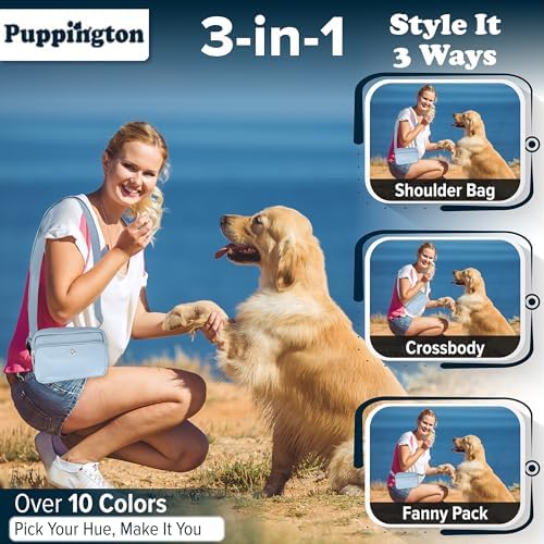 Puppington 3-in-1 Crossbody & Dog Treat Pouch for Pet Training - Matching Compostable Poop Bags, Built-In Poop Bag Dispenser & Slow-Feeding Travel Dog Bowl - Dog Walking Bag (Ice Blue)